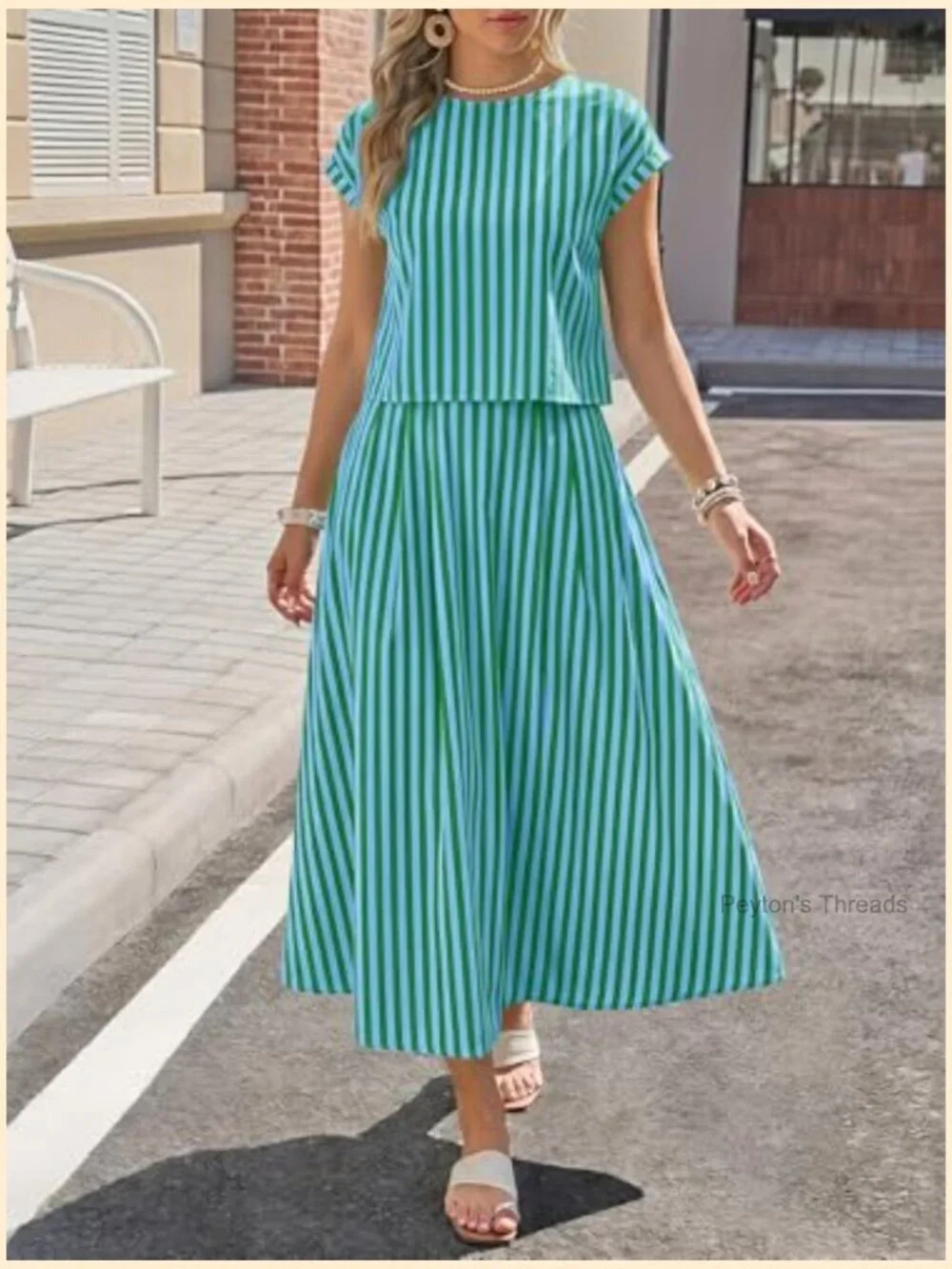Striped 2 Piece Skirt Set Cap Sleeve Top Midi Dress Travel Vacation Outfits